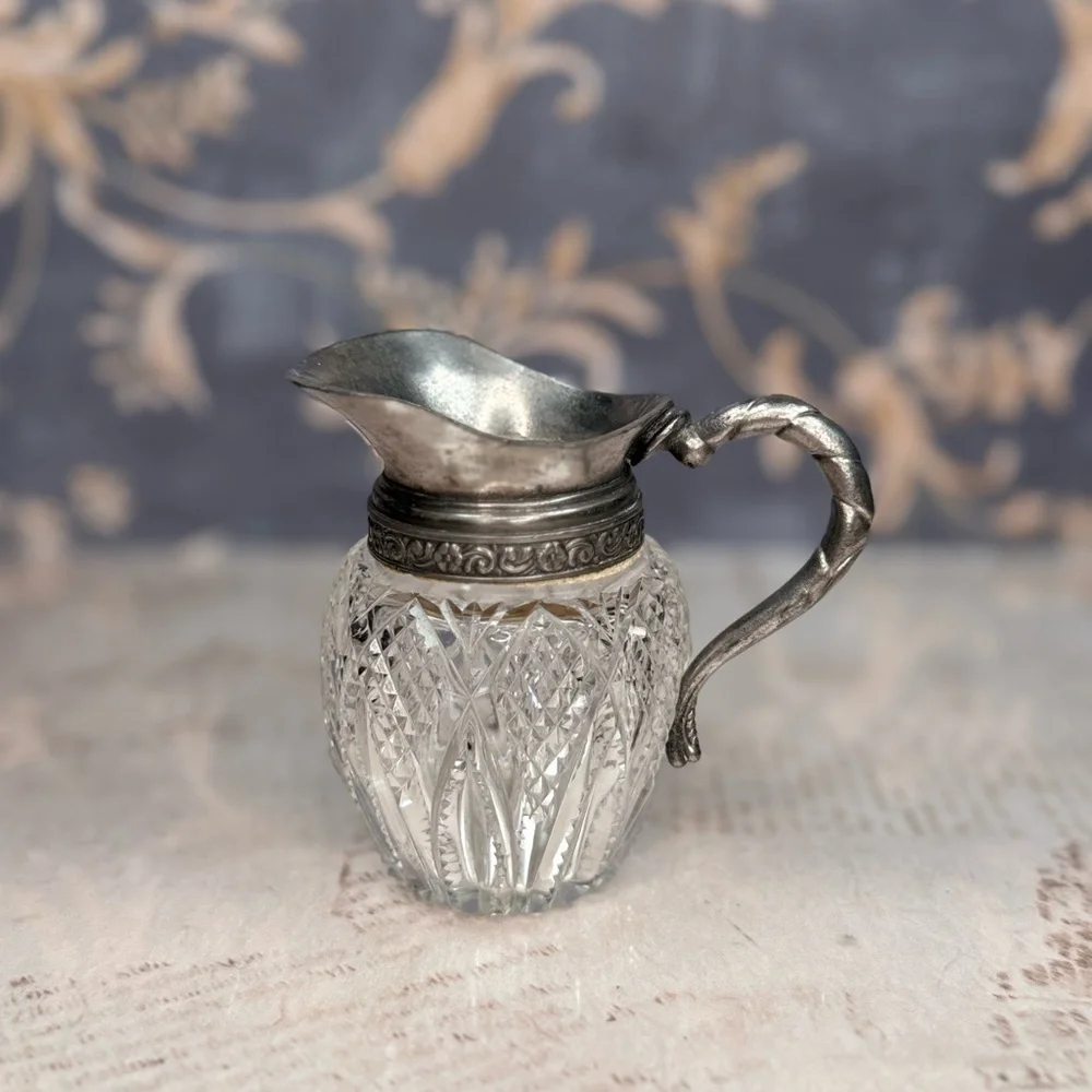 Antique Cut Glass Creamer Pitcher w/ Pewter Top & Handle Estate Mini Jug